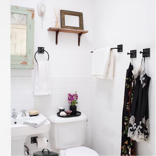 Image of Autumn Alley Matte Black Farmhouse Bathroom Set - 5-Piece Hardware Kit with Towel Ring, TP Holder, Hooks & Metal Step Trash Can with Lid for Rustic, Modern Bathroom Decor