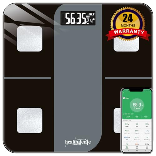 Image of Healthgenie Smart BMI Weight Machine for Body Weight with 18 Body Parameters Sync with Mobile App, Body fat Analyzer Machine with 2 Yrs Warranty Bluetooth Weighing Machine Grey Divine (HB-411)