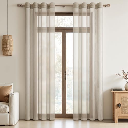 MRTREES 2 Pièce Rideau Voilage Beige 140x225 cm à Oeillet Semi-Transparent en Effet Lin Décorations d'intérieur de Fenêtre de Salon Moderne Chambre Cuisine Balcon...