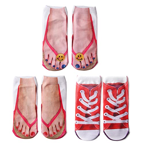MSIOAE Manicure Print 3D Pattern Flip Flop Socks, Casual Personalized Low Cut Ankle Socks (3 Pairs B)