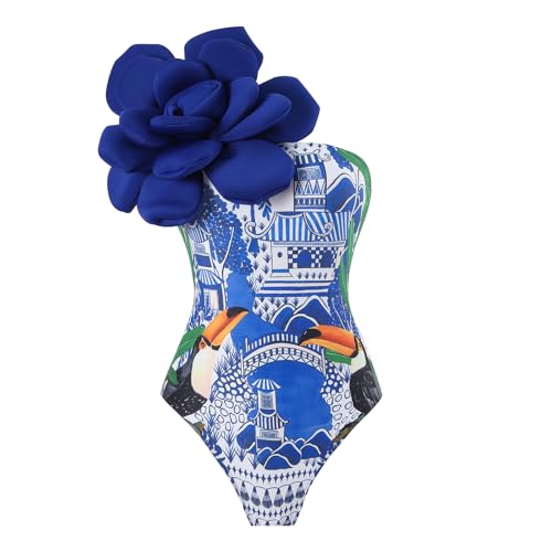 One Shoulder Swimsuits for Women 3D Flower Decoration One Piece Swimsuit with Cover up Set3
