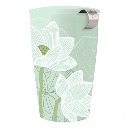 Tea Forte Double-Walled Ceramic Kati Cup, Removable Stainless Steel Infuser Basket and Lid, Steeps 12 oz Loose Leaf Tea, Dishwasher & Microwave Safe, Lotus