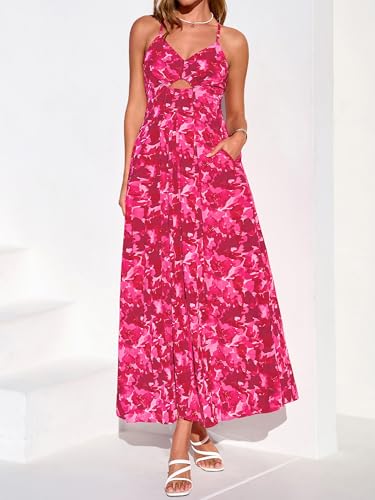 BTFBM Summer Dresses for Women 2026 Spring Floral Spaghetti Strap Smocked Cutout Maxi Dress Resort Beach Vacation Outfit(Floral Rose Red, Small) — view 5