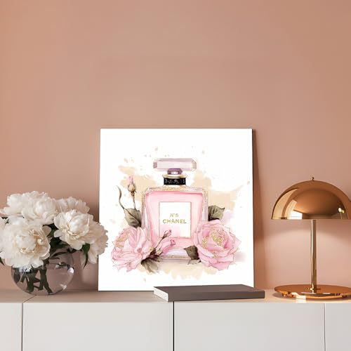 Image of cozy country Chanel-Inspired Perfume Canvas Wall Art - 12x12 Inches Fashion Artwork Print, Pink Floral Luxury Picture for Bathroom & Women's Room Decor, Ready to Hang