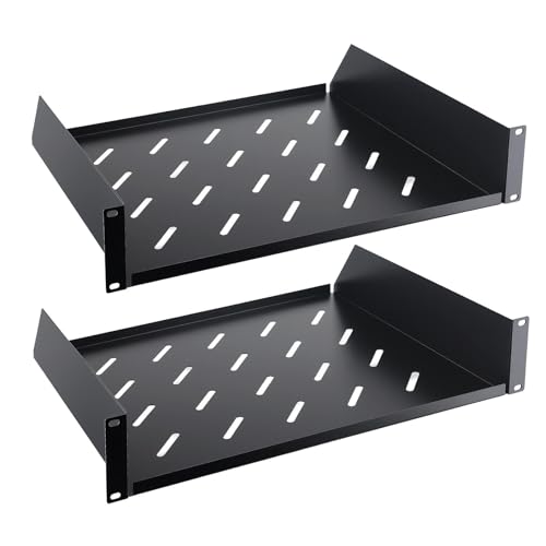 2U Server Rack Shelf 14 Mounting Depth Vented Rack Mount Shelf Cantilever Tray for 19 Equipment Racks and Cabinet Weight Capacity 50lb Black 2PCS