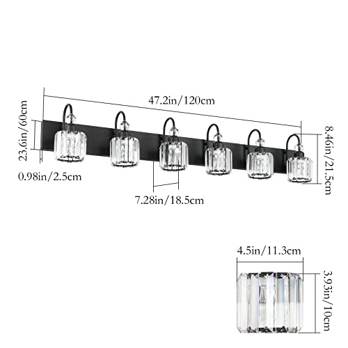 Image of Ralbay Modern 6-Light Black Crystal Vanity Lights for Bathroom - Matte Black Crystal Wall Light Fixtures