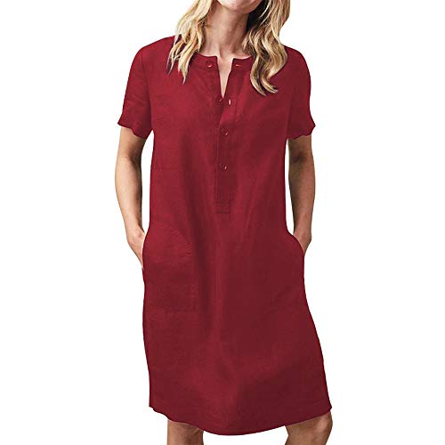pedkit Mulheres Vestido de linho e algod?o Vestido reto de Midi com bolsos com bot?es Manga curta Só