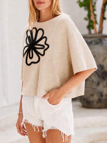 Image of Cicy Bell Womens Oversized Short Sleeve Sweaters Tops Knit Fall Pullovers