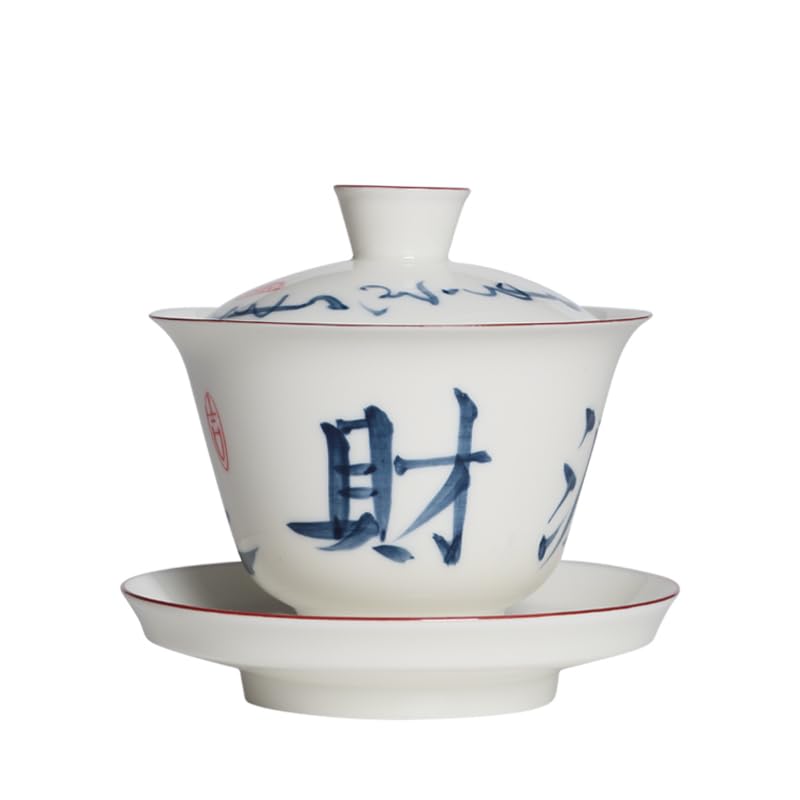Tasse à thé et café de Voyage en céramique, Grand Bol Couvert en Porcelaine Blanche, Manuscrit Bleu et Blanc, céramique colorée sous glaçure, Usage Domestique Simple