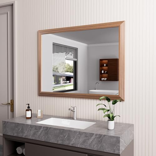 Amorho Bathroom Mirror, 40 X30 Inch Wall Mirror, Walnut Wood Grain Metal Framed, Anti-Rust, Hang Horizontally/Vertically, Suitable for Bedroom, Farmhouse, Bathroom, Decorative