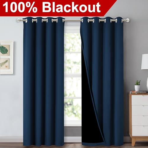 Image of NICETOWN Full Shading Curtains 90 inch Long 2 Panels Set for Windows, Super Heavy-Duty Black Lined Blackout Curtains for Bedroom, Privacy Assured Window Treatment (Moroccan Blue, Pack of 2, 52 inch W)