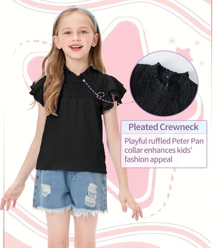 Girls Ruffle Short Sleeve Blouse Pleated Crewneck Shirt Summer Cute Swiss Dot Tops 5-14 Years2