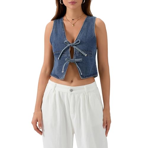 Women Summer Sexy Jean Vest Sleeveless Deep V Neck Camisole Tie Up Front Wide Strap Cropped Tank Top Slim Fit Fashion Denim Gilet (Blue, M)