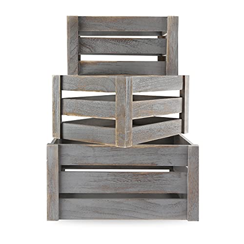 Besmall Set of 3 Nesting Wooden Crates, Decorative Vintage Wooden Storage Crates, Wood Boxes Rustic Farmhouse Style for Storage and Display â€“ Decorative Wooden Crates for Home (Gray)