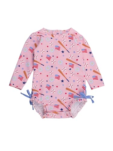 Image of RuffleButts Baby Girls UPF 50+ Sun Protection Floral Printed Long Sleeve One Piece Rash Guard Swimsuit with Zipper