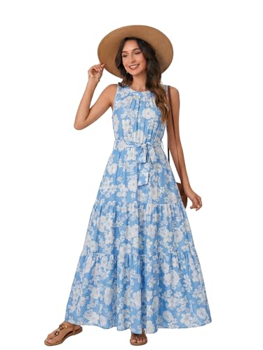 Image of Rooscier Women's Sleeveless Boho Maxi Dress | Halter Neck Print Tiered A Line Beach Dresses