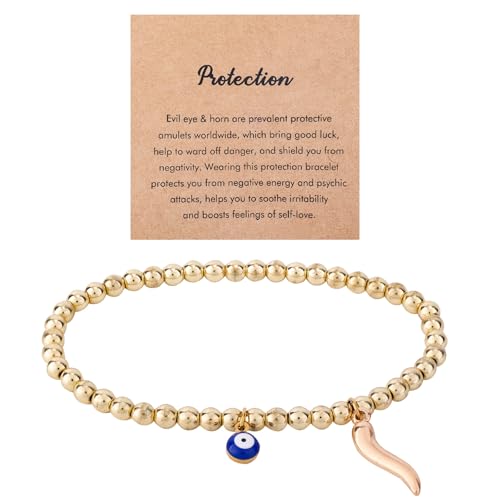 Evil Eye Bracelets for Women, Gold Stainless Steel Beaded Protection Bracelet With Italian Horns Charm Dainty Trendy Animal Elastic Jewelry Gifts for Women Accessories