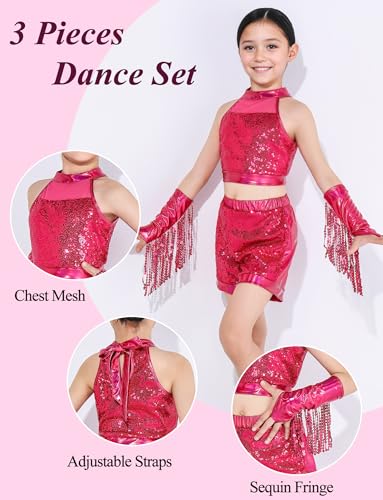 Image of Happy Cherry Girls Shiny Sequin Latin Dance Shorts Set 3 Pcs for Disco Hip Hop Jazz Cha Cha Dance 3-12Y