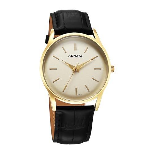Image of Sonata Quartz Analog Gold Dial Leather Strap Watch for Men