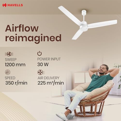 Image of Havells EPIC BLDC Ceiling Fan 1200mm, 380 RPM, Savings upto 65%, Reverse Rotation, 4 Modes (Boost, Sleep, Breeze, Mop), Low Wattage 30W, Low Noise, Air Flow:225 CMM, 3 Year Warranty, Elegant White