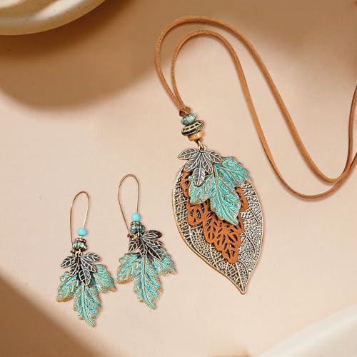 Wooden Leather Necklaces Set Bohemian Wood Stack Discs Long Chain Hemp Rope Bronze Plated Pendant Ethnic Tribal Fall Leaf Earrings Jewelry Statement Necklace3