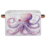 ピンクのタコの折りたたみ式長方形収納バスケット、ハンドル付き、海洋動物ライナー折りたたみ式ビンオーガナイザーバッグ、女の子用収納、おもちゃ、家、ペット、クローゼット、オフィス、寝室用。