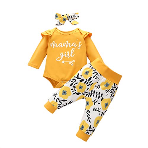 L&ieserram vestido completo con estampado de flores o punto de leopardo algodón para bebé recién nacido de tres piezas top camiseta mameluco, pantalón, diadema, amarillo, 6- 12 meses Cover