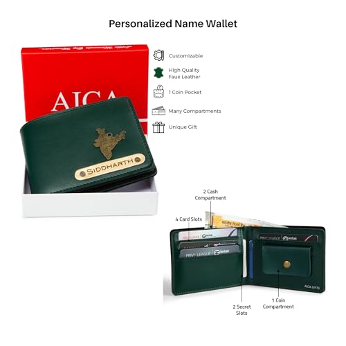 Image of AICA Personalized Name & Charm Dark Green Leather Wallet Mens Combo & LED Lamp Giftset | Customized Birthday Anniversary Wedding Gifts for Brother Husband Father Boyfriend | Gift Hamper