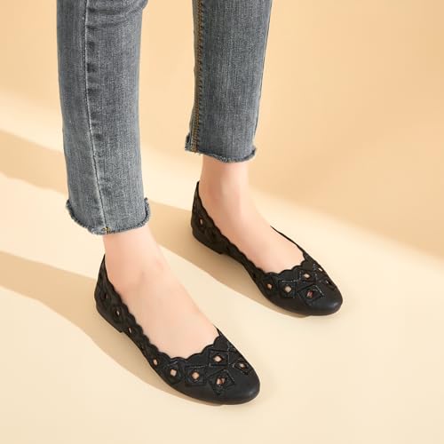 Women's Ballet Flats Shoes with Breathable Eyelet,Black and White Dress Shoes for Women,Soft Memoery Foam Flats for Women4