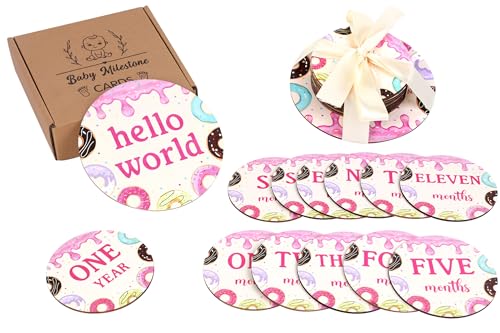 Sursurprise Donut Milestone Cards, Baby Girl Monthly Milestone Markers, Wooden Milestone Cards, 13PCS Donut Double Sided Hello World Newborn 1-12 Months Circles Discs Signs Props