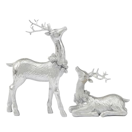 DN DECONATION Christmas Reindeer Figurines, Winter Deer Small Statues Decor, Silver Decorative Reindeer Sculptures, Resin Xmas Holiday Home Décor Accents for Office Living Room & Bedroom 2PCS