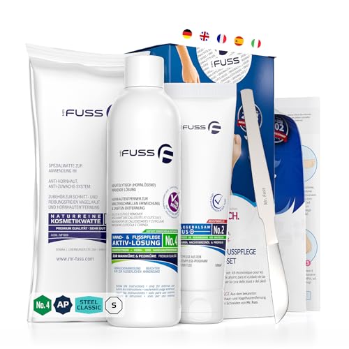 Mr. Fuss® No. 4 - Hornhautentferner Hand- und Fußpflege Set - Advanced Pack - 4 tlg. - Nagelhautentfernung - Schnell Erweichend Wirkend, Lösung, Balsam, Watte, Instrumente