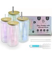 DESIGN INN 20 Oz. 4 in 1 Glass Sublimation Tumblers with Lids Clear Iridescent Drinking Mason Jar...