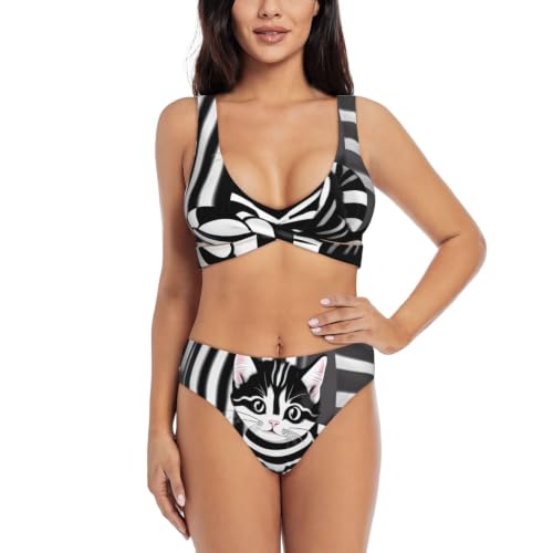 Bikini triangle réglable à motif chaton rayé noir et blanc pour les journées plage