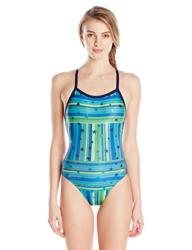 Speedo Women's Star Mania Flyback Swimsuit, Blue/Green, 28