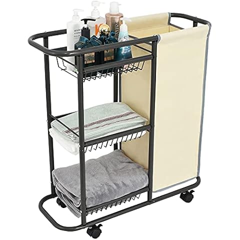 Lucalda Laundry Sorter Cart Movable Bathroom Organizer Gray Laundry Storage Baskets with Heavy Duty Rolling Wheels 3-Tier Storage Shelves with 1 Bag for Clothes Cover