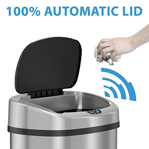Sensorcan 13 Gallon Sensor Trash Can With Wheels And Odor Control System, Stainless Steel, Oval Shape Automatic Kitchen And Office Garbage Bin (Powered By Battery Or Optional Ac Adapter) #TOP2