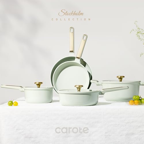 Image of CAROTE Ceramic Cookware Set Nonstick, 14pcs Pots and Pans Set Nonstick, Non-Toxic & PFAS-Free, Dishwasher, RV /Camping Cookware Set, Cooking Pots with Lids, Sage Green