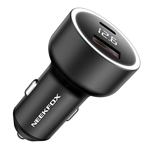 Car Charger, NEEKFOX Mini Dual Port Car Charger, 27W Metal USB Charger Voltage Display with Power Delivery Quick Charge 3.0, Car Adapter Compatible with iPhone 12 pro/XR/Xs/Max, iPad, Galaxy and More