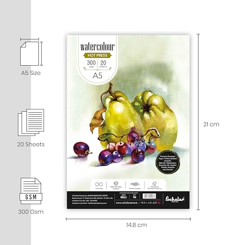 Image of Scholar Watercolour Hot Pressed Loose Sheets - 300 GSM Thick Premium Artist Paper | Smooth Hot Pressed Surface for Fine Detail | Ideal for Watercolor, Illustration, Ink, Calligraphy & Mixed Media | Acid-Free Professional Quality Paper for Artists, Students & Art Practice (A5)