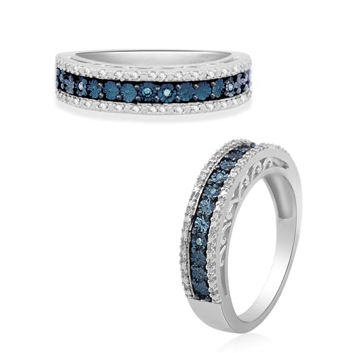 Jewelili Sterling Silver 1/10 Cttw Natural Miracle Plated Blue and White Round Diamond Anniversary Ring