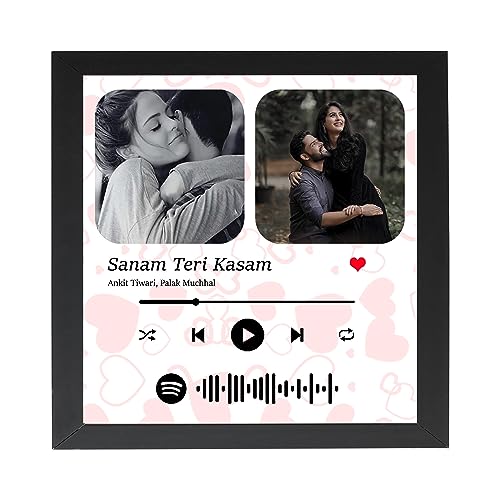 Image of Personalized Heart Background Wall Mount Spotify Song Barcode Frame With Photo&Music Name Digital Print Wooden Photo Frame For Birthday Gifts-Peach&White-8X8 Inch