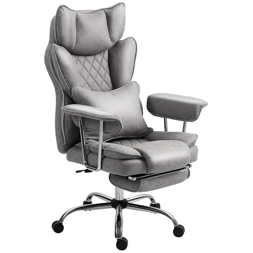 HOMCOM Executive Office Chair, Leathaire Reclining Computer Desk Chair with Lumbar Support Pillow, Built-in Headrest, High Back, Footrest, Silent Swivel Wheels, Armrest for Home, Grey