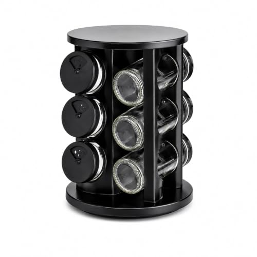 Porta Condimentos Giratório 6 Potes de Vidro com Tampa Dosadora | Ideal para Organizar Temperos, Organização De Cozinha, Base Redonda Preta