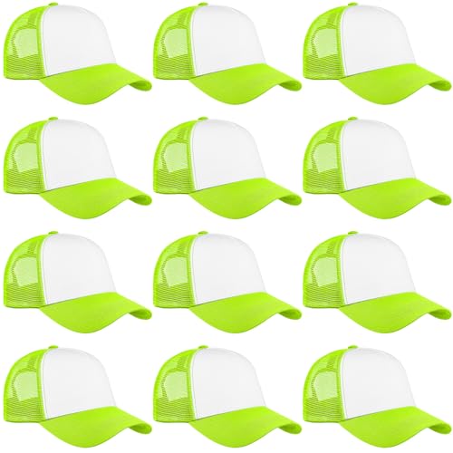 Falari 12 Pack Bulk Wholesale Mesh Trucker Hats 5 Panel Baseball Caps for Men and Women - Neon Green