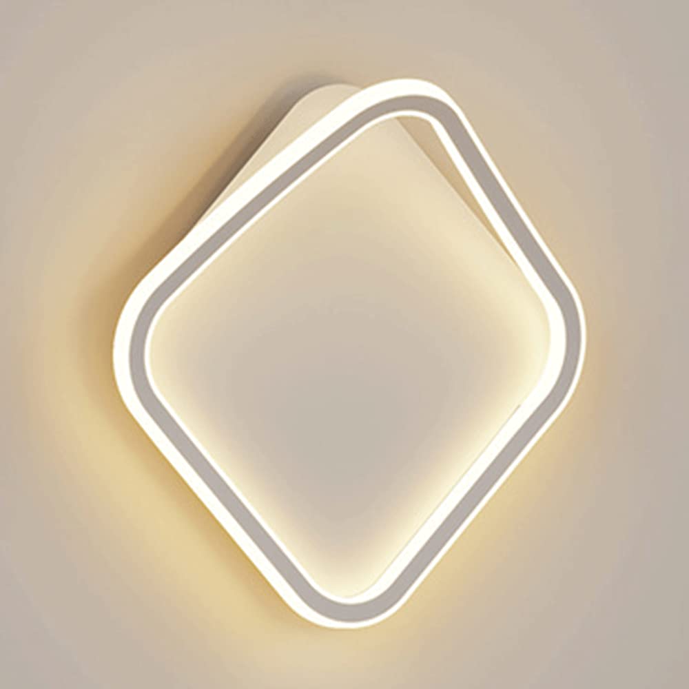 VDOQTLJT Wall Lighting Square Hallway Light White Iron Lamp with Acrylic Shade Simple Bedroom Bedside Sconces Modern 12W LED Lights Compatible with Living Room(Tricolor Light)