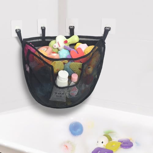 Image of DOCMON Bath Toy Storage, Corner Bath Tub Toy Storage Holder with Bottom Zipper, Quick Release Bath Toy Organizer with Large Pocket, Mesh Shower Toy Holder Basket Net Bin for Bathtub Toys - Black