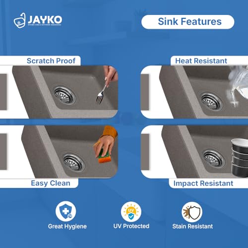 Image of JAYKO Quartz Acrylic Kitchen Sink for Modular Kitchen | Granite Finish, Scratch & Heat Resistant | Easy to Clean & Stylish Sink for Home (UBR, 16x18in)