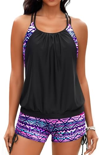 Image of Holipick Tankini Swimsuits Two Piece Tummy Control Bathing Suits Blouson Swim Tank Top with Boy Shorts