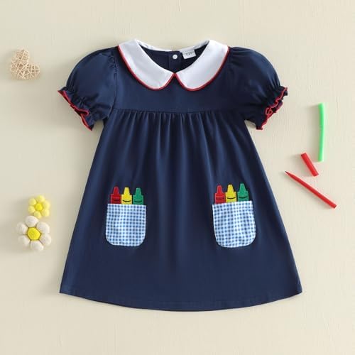 Lulalobinoca Toddler Girl Back to School Outfit Short Doll Collar Dress (Blue Pen, 5-6 Years) — view 2